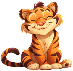 Wall Mural - Happy smiling tiger animal cartoon illustration, isolated. Child kid baby greeting card, birthday celebration print, adorable African safari wildlife, zoo, nature