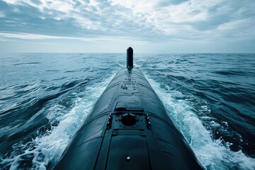 Canvas Print - Underwater exploration on a cloudy day, a submarine travels through the ocean