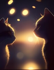 Wall Mural - ai generative of silhouette of two cats in front of light