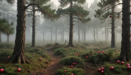 Poster - Misty Forest Path with Red Apples.