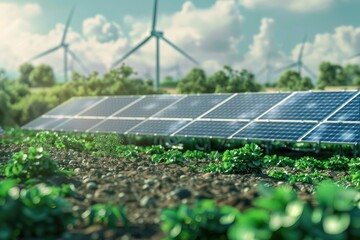 Poster - A solar panel installed in a green field, surrounded by wind turbines generating clean energy