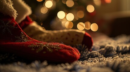 Wall Mural - Festive Glow: Softly Diffused Light Illuminating Christmas Stockings in High Contrast Macro Composition with Empty Space