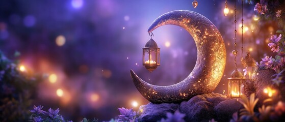 Wall Mural - Eid mubarak and ramadan kareem purple background crescent moon