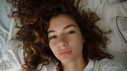 Poster - Selfie of Attractive 17-Year-Old Girl with Brown Curly Hair and Carmel Colored Skin in Bed