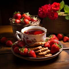 Strawberries in a bowl with cookies and cup of tea