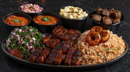 Wall Mural - Delicious BBQ feast with succulent ribs, flavorful rice, fresh salads, and assorted sides in a black platter on a dark surface