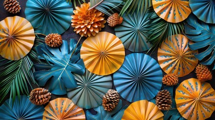 Canvas Print - Vibrant Display of Tropical Paper Craft Leaves and Flowers in Orange and Blue Hues for Creative, Artistic, and Decorative Inspiration