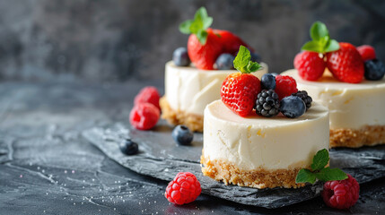 Food photography of strawberry cheesecake with red berries and blueberries on the top of the cake, it looks delicious and tempting. Wallpaper, background, photo, blank space for text copy space.