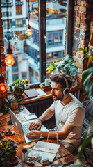 Sticker - A man is sitting at a desk with a laptop and headphones on