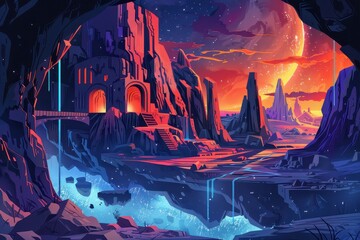 Wall Mural - A futuristic alien landscape with a red glowing cave entrance