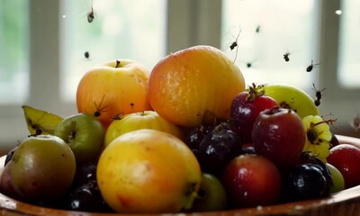 Wall Mural - Fruit Bowl Fly Invasion: A swarm of flies descends upon a rustic wooden bowl overflowing with vibrant, freshly-picked apples and berries. 