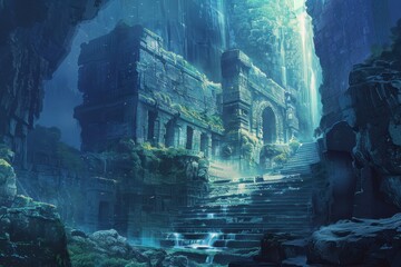 Wall Mural - Ancient Underwater Temple Ruins with Stairways and Mysterious Atmosphere