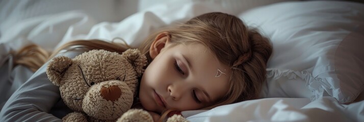 Poster - Adorable young girl resting in bed with a cuddly toy