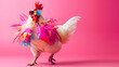 © Like Animals - Digitally created image of a happy vibrant chicken wearing a colorful fashion outfit and sunglasses dancing playfully on a random bright pink background  The has a quirky