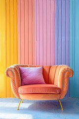 Wall Mural - A colorful chair is sitting in front of a wall with a rainbow of colors