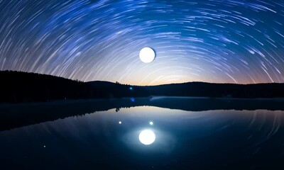 Wall Mural - Celestial Reflection: A mesmerizing long exposure captures the hypnotic dance of stars and the ethereal glow of the moon reflecting in a still lake.  