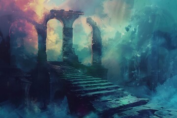 Wall Mural - Mysterious ruins of an ancient forgotten temple in a surreal dreamscape