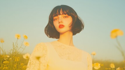 Woman with Short Black Hair in Field of Flowers 2