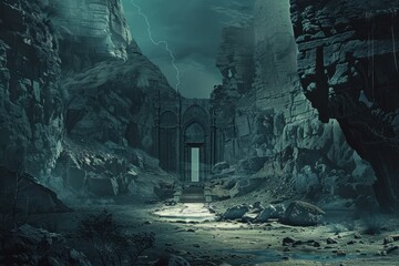 Wall Mural - Ancient stone ruins of a temple in a mysterious valley shrouded in mist and lightning