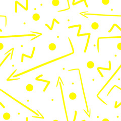 Arrows with dots and zigzags confetti seamless pattern in flat style hand drawn doodle illustration for use in banners and postcards, packaging, wallpapers