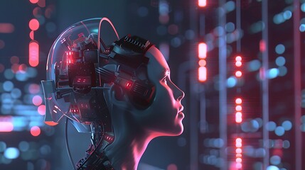 Wall Mural - Futuristic Cyborg Woman with Neon Lights.