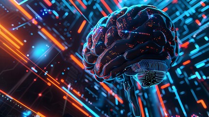 Poster - Abstract 3D Render of a Brain with Neon Lights and Circuit Board.