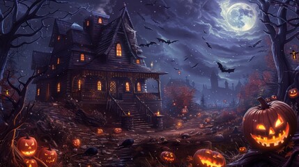 Wall Mural - a spooky halloween scene featuring a haunted house on a hill, surrounded by gnarled trees and illumi