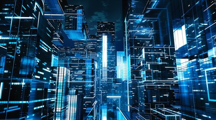 Canvas Print - Futuristic Cityscape with Glowing Blue Buildings.