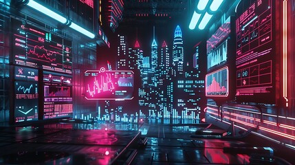 Wall Mural - Futuristic Cityscape with Neon Lights and Data Displays.