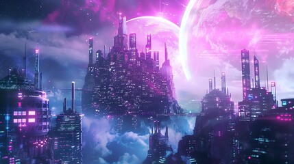 Wall Mural - Futuristic Cityscape with a Pink Moon and Glowing Lights.