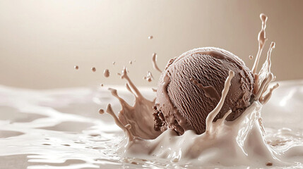 Wall Mural - Chocolate Ice Cream Surrounded by Milk Splash on Beige Background, Creamy Dessert, Rich Cocoa Flavor, Dairy Splash Effect, Isolated Ice Cream Treat, Smooth and Decadent, High Resolution Image