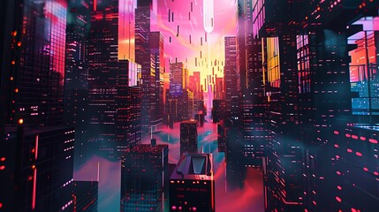 Wall Mural - Futuristic Cityscape with Neon Lights and Dynamic Architecture.