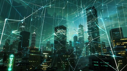 Wall Mural - Cyberpunk Cityscape with Neon Lines and Connected Network.