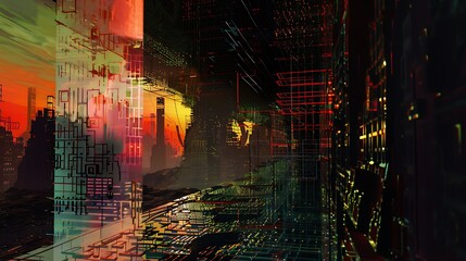 Wall Mural - Futuristic Cityscape with Abstract Architecture and Grid Patterns.