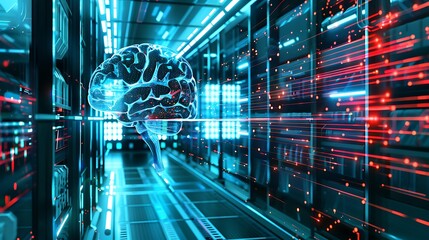 Poster - Digital Brain in a Server Room, Representing Artificial Intelligence and Data Processing.