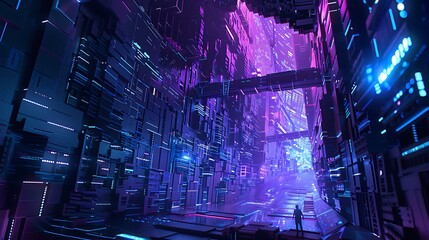 Poster - Futuristic Cityscape with Neon Lights and a Lone Figure.