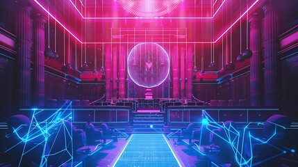 Wall Mural - Neon-lit interior with futuristic design and glowing lines.