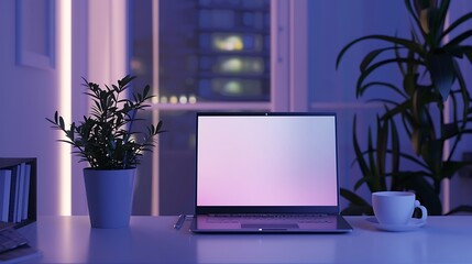 Laptop, Plant and Coffee Mug on a White Desk