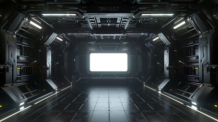 Wall Mural - Futuristic Spaceship Corridor with Bright White Light at the End.