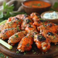 Wall Mural - Succulent Buffalo Chicken Wings with Fresh Herbs and Dipping Sauces Served on a Rustic Wooden Plate with Celery Sticks