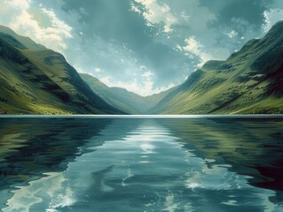 Poster - Stunning View of Serene Mountain Lake Reflecting Cloudy Sky and Green Hills - Ideal for Nature, Travel, and Meditation Inspirations