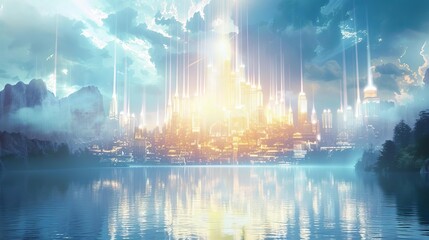 Philosophical Idealism A glowing, ethereal cityscape above a serene lake