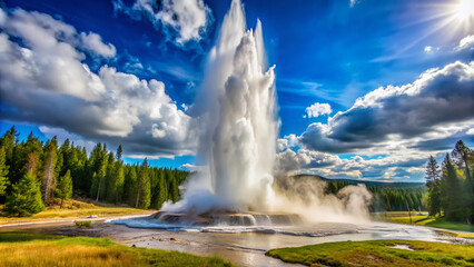 Majestic geyser erupts in a powerful display of steam and water, set against a serene blue sky with a lush green landscape in background.