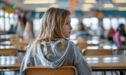 Poster - A girl sits alone at a table in a cafeteria. AI.