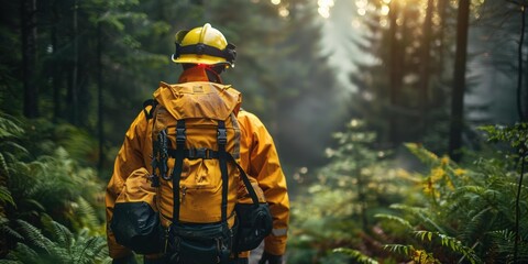 Sticker - A firefighter walks through a forest. AI.