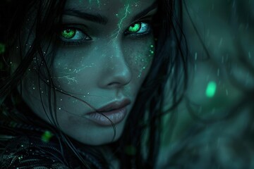 Sticker - A woman with green eyes and glowing skin. AI.