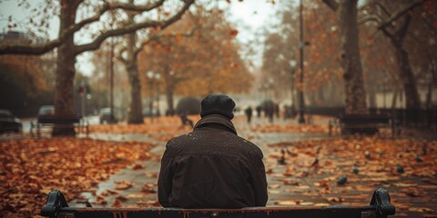 Poster - A man sits on a bench in a park, surrounded by fallen leaves. AI.