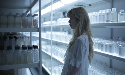 Wall Mural - A woman examines a shelf of glass bottles in a laboratory. AI.