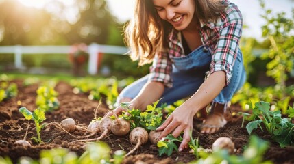 Canvas Print - A woman harvests fresh vegetables from her garden. AI.