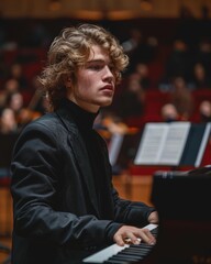 Sticker - A young man plays the piano on a stage. AI.